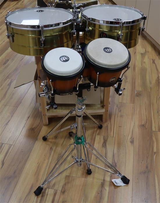 A Meinl Headliner maple bongo with Pearl stand and a pair of LP snare drums with stand